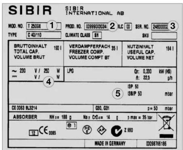 SIBIR T 250 GE - Typenschild des Kühl- schranks - 1