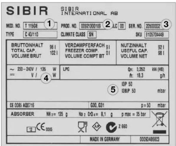 SIBIR T 115 GE - Typenschild des Kühl- schranks - 1