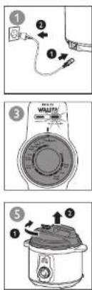 Diagram showing three steps of a cooking process: heating, washing machine, and heat exchanger with labeled parts.