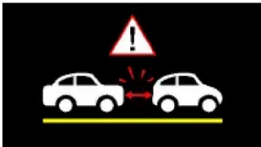 Warning sign showing a collision between two cars with a warning triangle and red exclamation mark