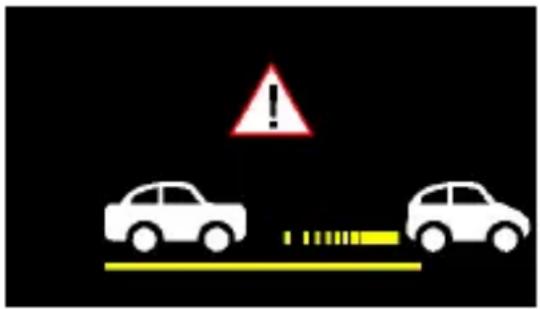 Traffic warning sign indicating a collision or collision hazard, with cars and a yellow barrier symbol