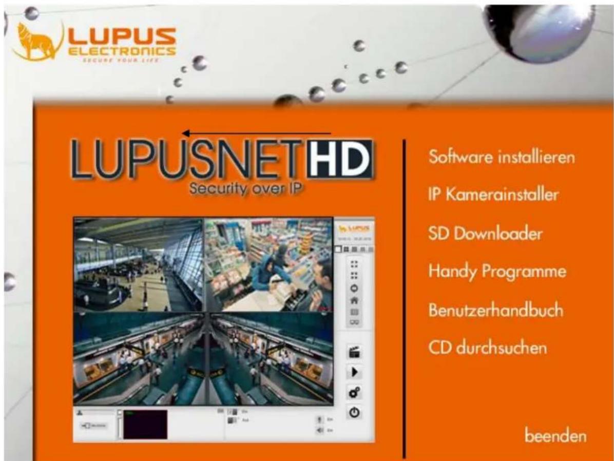 LUPUS ELECTRONICS SECURE YOUR LIFE LUPUSNETHD Security over IP Software installieren IP Kamerainstaller SD Downloader Handy Programme Benutzerhandbuch CD durchsuchen beenden