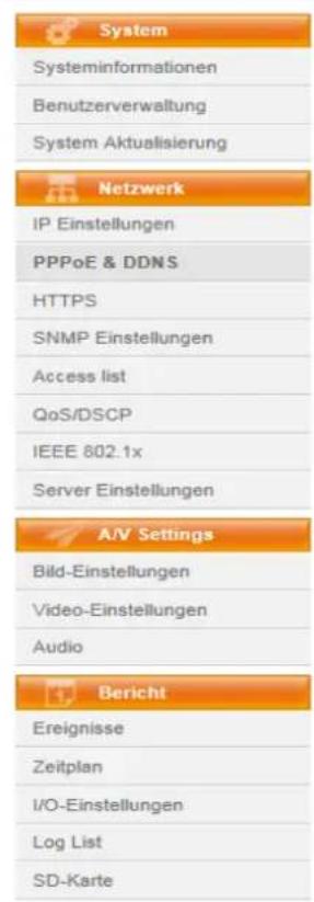 System Systeminformationen Benutzerverwaltung System Aktualisierung Netzwerk IP Einstellungen PPPoE & DDNS HTTPS SNMP Einstellungen Access list QoS/DSCP IEEE 802.1x Server Einstellungen A/V Settings Bild-Einstellungen Video-Einstellungen Audio Bericht Ereignisse Zeitplan I/O-Einstellungen Log List SD-Karte