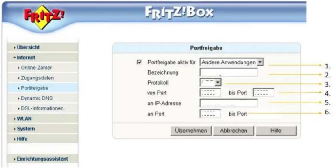 FRITZ! Box Übersicht Internet Online-Zähler Zugangsdaten Portfreigabe Dynamic DNS DSL-Informationen WLAN System Hilfe Einrichtungsassistent Portfreigabe ✓ Portfreigabe aktiv für Andere Anwendungen Bezeichnung Protokoll von Port bis Port an IP-Adresse an Port bis Port Übernehmen Abbrechen Hilfe 1. 2. 3. 4. 5. 6.