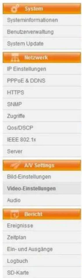 System Systeminformationen Benutzerverwaltung System Update Netzwerk IP Einstellungen PPPoE & DDNS HTTPS SNMP Zugriffe Qos/DSCP IEEE 802.1x Server A/V Settings Bild-Einstellungen Video-Einstellungen Audio Bericht Ereignisse Zeitplan Ein- und Ausgänge Logbuch SD-Karte