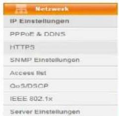 Netzwerk IP Einstellungen PPPoE & DDNS HTTPS SNMP Einstellungen Access list QoS/DSCP IEEE 802.1x Server Einstellungen