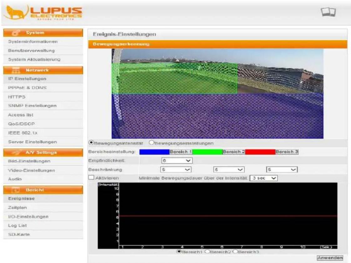 LUPUS ELECTRONICS BETRIGEN YOUR LIF System Systeminformationen Bonutzerverwaltung System Aktualisierung Netzwerk IP Einstellungen PPPoE & DDNS HTTPS SNMP Einstellungen Access list QoS/DSCP IEEE 802.1x Server Einstellungen A/V Settings Bild-Einstellungen Video-Einstellungen Audio Bericht Ereignisse Zeitplan I/O-Einstellungen Log List SD-Karte Ereignis-Einstellungen Bewegungserkennung Bewegungsintensität Bewegungseinstellungen Bereicheinstellung: Bereich 1 Bereich 2 Bereich 3 Empfindlichkeit: 6 Beschränkung: 5 5 5 Aktivieren Minimale Bewegungsdauer über der Intensität: 3 sec (Intensität) 10 9 8 7 6 5 4 3 2 1 2 3 4 5 6 7 8 9 10 (Sek) ●Bereich1 ○ Bereich2 ○ Bereich3 Anwenden