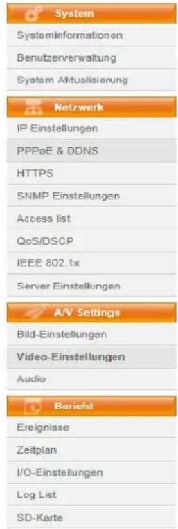 System Systeminformationen Benutzerverwaltung System Aktualisierung Netzwerk IP Einstellungen PPPoE & DDNS HTTPS SNMP Einstellungen Access list QoS/DSCP IEEE 802.1x Server Einstellungen A/V Settings Bild-Einstellungen Video-Einstellungen Audio Bericht Ereignisse Zeitplan I/O-Einstellungen Log List SD-Karte