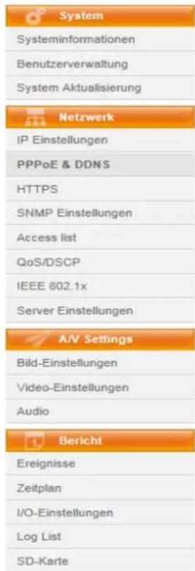 System Systeminformationen Benutzerverwaltung System Aktualisierung Netzwerk IP Einstellungen PPPoE & DDNS HTTPS SNMP Einstellungen Access list QoS/DSCP IEEE 802.1x Server Einstellungen A/V Settings Bild-Einstellungen Video-Einstellungen Audio Bericht Ereignisse Zeitplan I/O-Einstellungen Log List SD-Karte