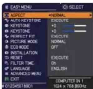EASY MENU ASPECT AUTO KEYSTONE KEYSTONE KEYSTONE PERFECT FIT PICTURE MODE ECO MODE INSTALLATION RESET FILTER TIME LANGUAGE ADVANCED MENU EXIT 012345578901 NORMAL EXECUTE +0 +0 EXECUTE NORMAL OFF EXECUTE Oh ENGLISH COMPUTER IN 1 1624 x 768 (60Hz)