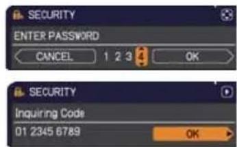 SECURITY ENTER PASSWORD CANCEL 1 2 3 OK SECURITY Inquiring Code 01 2345 6789 OK