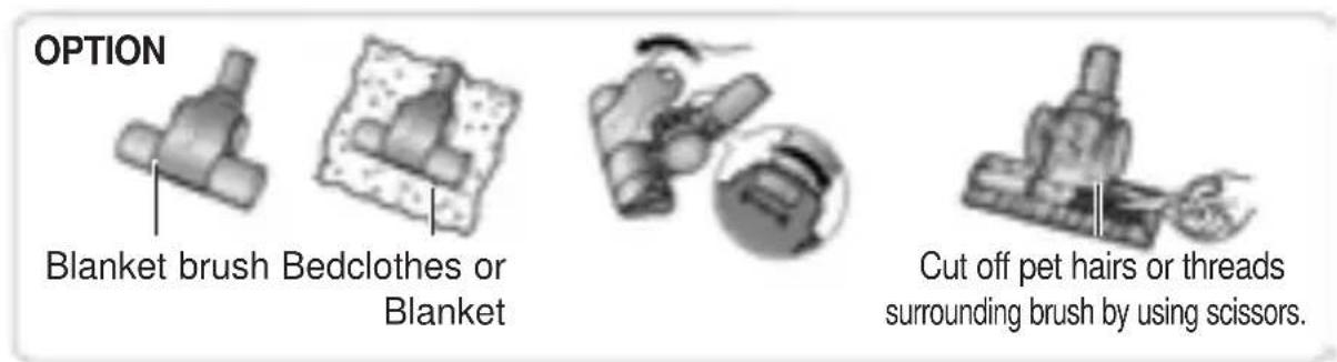 OPTION Blanket brush Bedclothes or Blanket Cut off pet hairs or threads surrounding brush by using scissors.