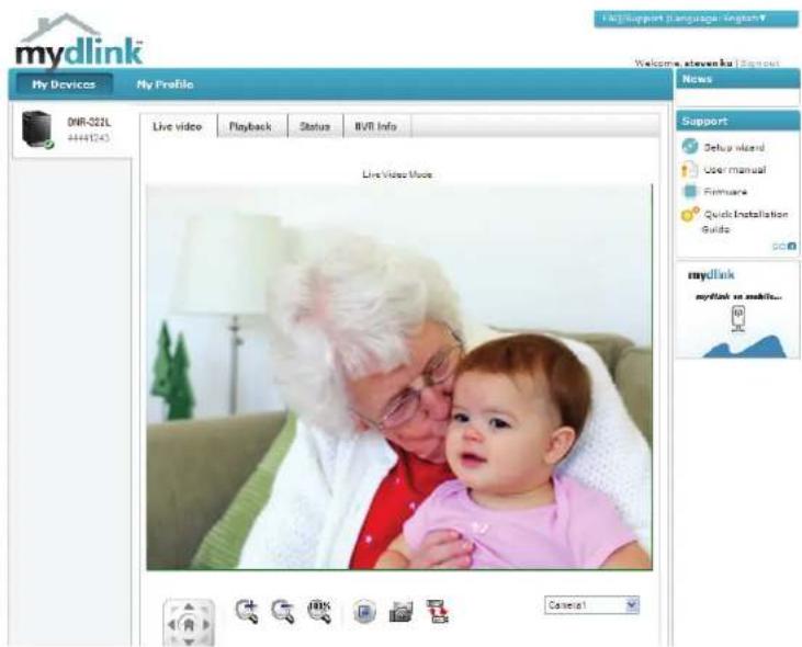 mydlink My Devices My Profile 04R-322L 4441243 Live video Playback Status BVR Info Live Video Mode Support Delus Wizard User manual Firmware Quick Installation Guide mydlink mydlink on music... Caseful