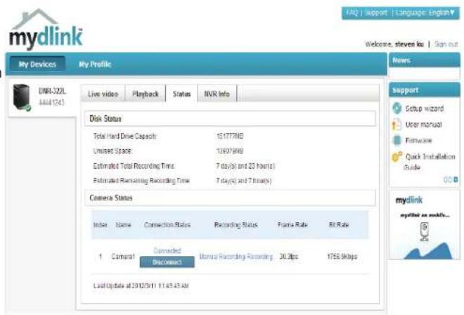 mydlink My Devices My Profile Live video Playback Status NVR Info Disk Status Total Hard Drive Capacity 131777WD Unused Space 126978WB Estimated Total Recording Time: 7 days(s) and 23 hours) Estimated Remaining Recording Time: 7 days(s) and 7 hours(s) Camera Status Index Name Connection Status Recording Status Frame Rate Bit Rate 1 Camarat Connected Manual Recording Recording 30.0fps 1758.96fps Disconnect Last Update at 2012/9/11 11:43:43 AM FAQ | Support | Language: English Welcome, steven kx | Sign out News support Setup wizard User manual Firmware Quick Installation Guide mydlink mydlink or mobile...