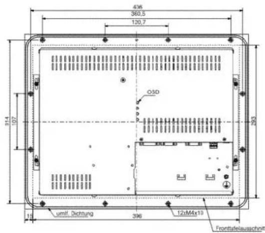 436 360,5 120,7 314 107 O3D 396 12xM4x10 Fronttafelausschnitt umlf. Dichtung