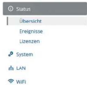 Status Übersicht Ereignisse Lizenzen System LAN WiFi