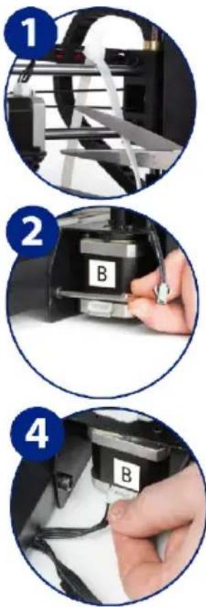 Step-by-step diagram showing a 3D printer assembly process with labeled parts B, numbered 1, 2, and 4.