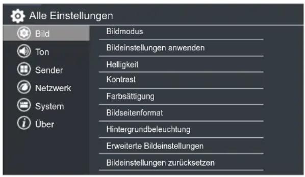 Alle Einstellungen Bild Ton Sender Netzwerk System Über Bildmodus Bildeinstellungen anwenden Helligkeit Kontrast Farbsättigung Bildseitenformat Hintergrundbeleuchtung Erweiterte Bildeinstellungen Bildeinstellungen zurücksetzen