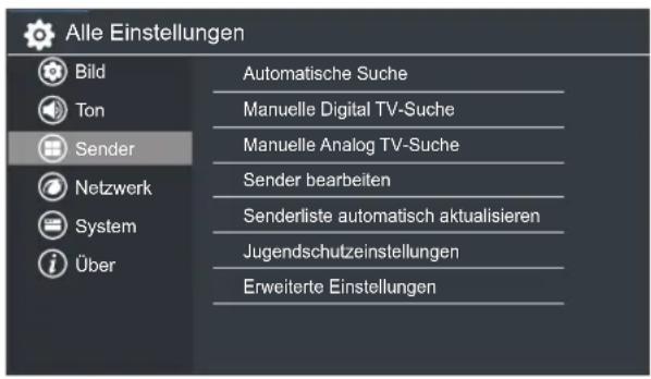 Alle Einstellungen Bild Ton Sender Netzwerk System Über Automatische Suche Manuelle Digital TV-Suche Manuelle Analog TV-Suche Sender bearbeiten Senderliste automatisch aktualisieren Jugendschutzeinstellungen Erweiterte Einstellungen