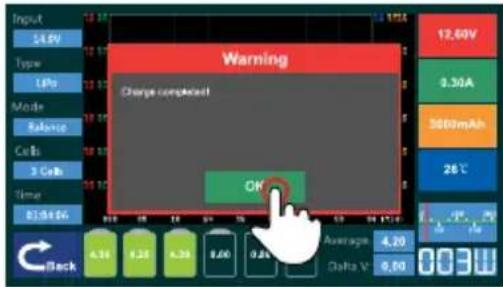 Warning Change completed! OK Average 4.20 Delta V 9.50 12.60V 3.30A 380mAh 26℃ 4.30 6.20 4.20 8.60 0.80 Back