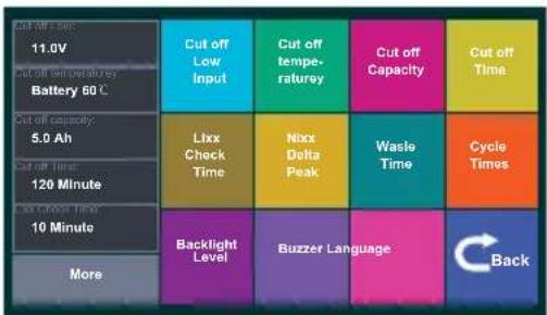 Cut off Low 11.0V Cut off Temperature Battery 60°C Cut off Capacity 5.0 Ah Cut off Time 120 Minute Cut off Time 10 Minute More Cut off Low Input Lixx Check Time Nlxx Delta Peak Waste Time Cycle Times Backlight Level Buzzer Language Back