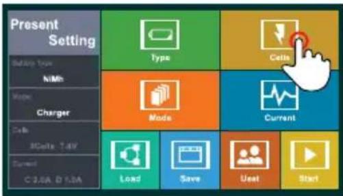 Present Setting Type Cells Mode Current Load Save User Start
