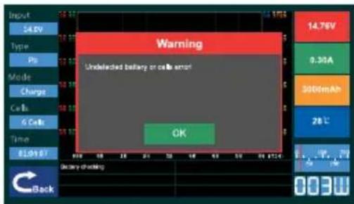 Warning Undetected battery or cells error OK 14.76V 9.30A 300mAh 28℃ Back Battery checking