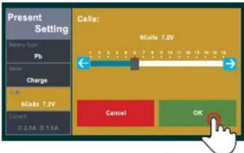 Present Setting Battery Type: Pb Master Charge Cells 6Cells 7.2V Current: C 2.8A B 1.6A Cells: 9Cells 7.2V Cancel OK