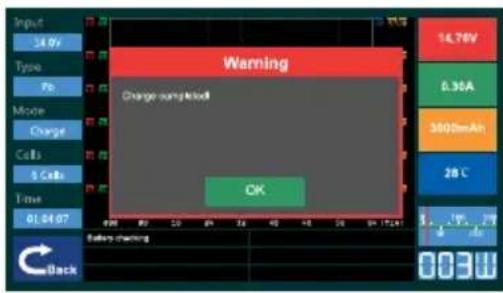 Warning Charge completion OK 14.76V 0.36A 3500mAh 28 C 01.04.07 Eating charging Back