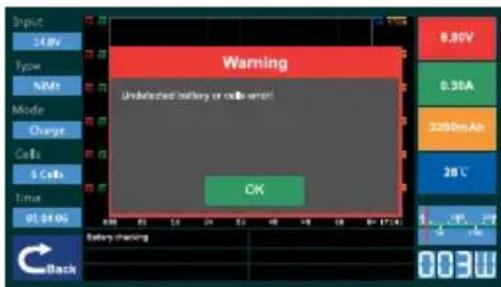 Warning Undetected battery or cells error! OK 0.80V 0.30A 2200mAh 20℃ Battery charging Back