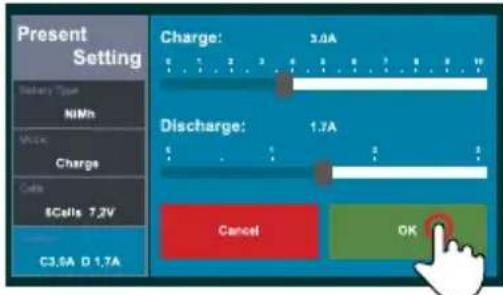 Present Setting Battery Type NiMn Wave Charge Cells &Cells 7.2V C3.5A D 1.7A Charge: 3.0A Discharge: 1.7A Cancel OK