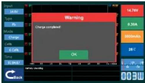 Input 14kV Type Ps Mode Charge Cells E Cells Time 91.04.37 Warning Charge completed! OK Battery charging Back 14.78V 6,30A 3000mAh 28°C 003W