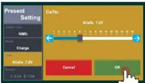 Present Setting NIMh Charge 6Cells 7.2V Current C 0.5A D 1.5A Cells: 8Cells 7.2V Cancel OK