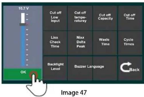 10.7 V Cut off Low Input Cut off temperaturey Cut off Capacity Cut off Time Lixx Check Time Nixx Delta Peak Waste Time Cycle Times Backlight Level Buzzer Language Back Image 47