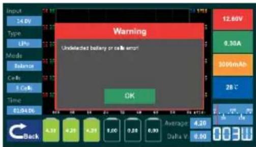 Warning Undelected battery or cell error OK 12.60V 9.30A 300mAh 28℃ 4.37 4.25 4.21 5.00 0.50 6.90 Average Delta V 6.00 Back