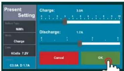 Present Setting Battery Type: NiMn Vccs: Charge Cell: 6Cells 7.2V C3.8A D 1.7A Charge: 3.9A Discharge: 1.7A Cancel OK