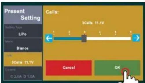 Present Setting Redney Type LIPs Mance Blance 3Cells 11.1V Current © 2.0A D 1.0A Cells: 3Cells 11.1V Cancel OK