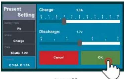 Present Setting Battery Type Pb Maser Charge CMR 6Cells 7.2V C 3.3A D 1.7A Charge: 3.0A Discharge: 1.7v Cancel OK Image 30