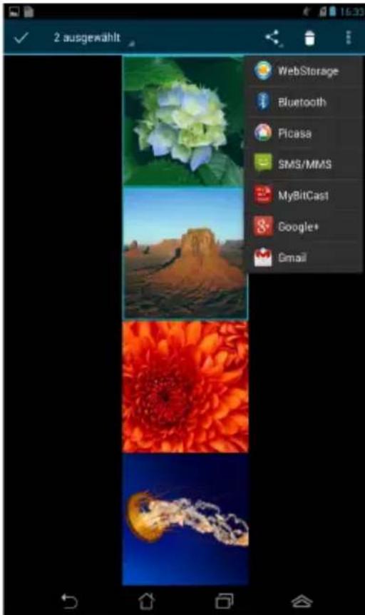 2 ausgewählt WebStorage Bluetooth Picasa SMS/MMS MyBitCast Google+ Gmail