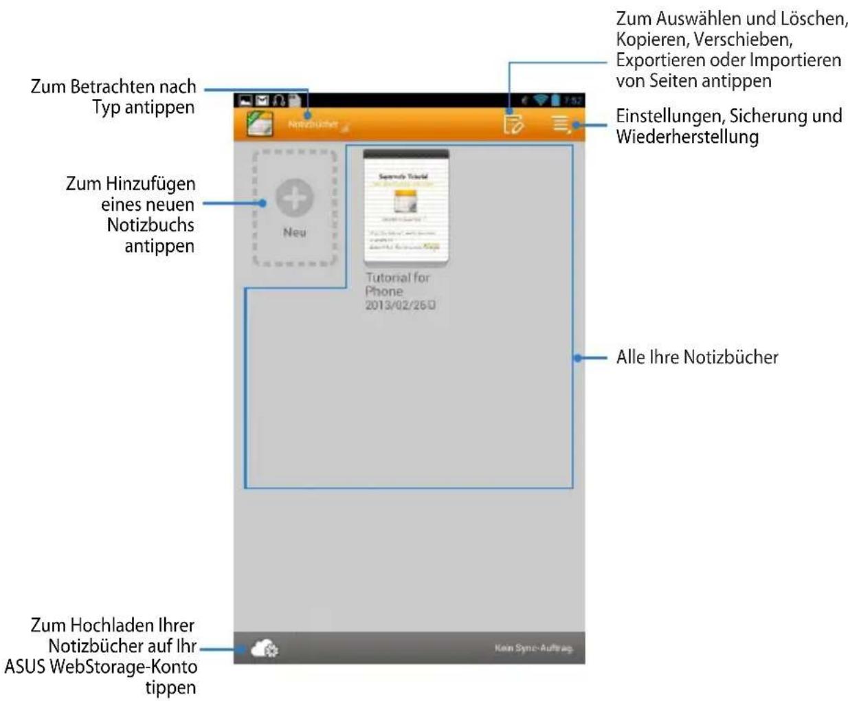 Zum Betrachten nach Typ antippen Zum Hinzufügen eines neuen Notizbuchs antippen Zum Hochladen Ihrer Notizbücher auf Ihr ASUS WebStorage-Konto tippen Zum Auswählen und Löschen, Kopieren, Verschieben, Exportieren oder Importieren von Seiten antippen Einstellungen, Sicherung und Wiederherstellung Alle Ihre Notizbücher Neu Tutorial for Phone 2013/02/26/03 Kain Sync-Auftrag