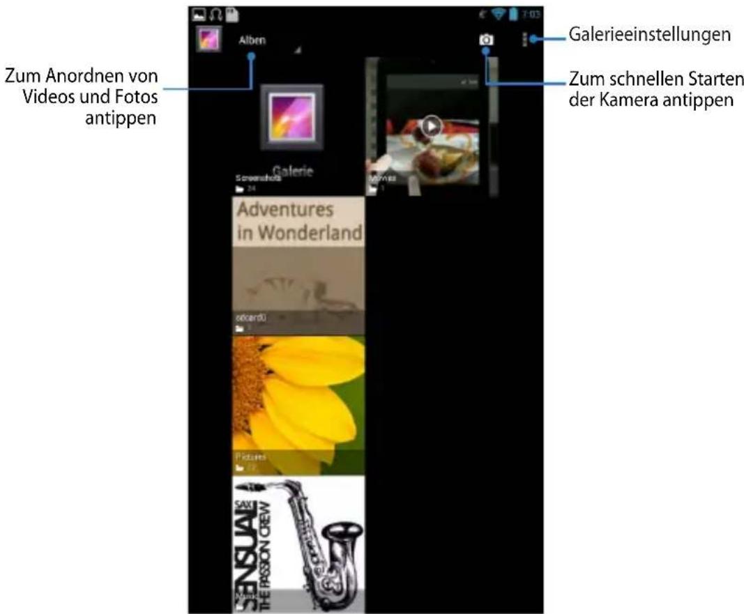 Zum Anordnen von Videos und Fotos antippen Galerieeinstellungen Zum schnellen Starten der Kamera antippen Alben Galerie Adventures in Wonderland Sonicardo Pictures SANSUA THE PASSON CREW