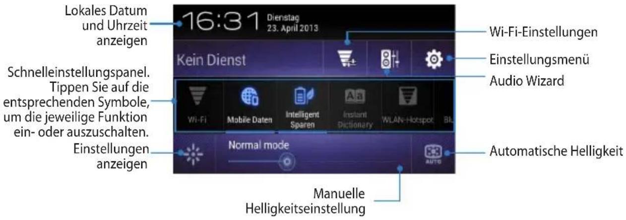Lokales Datum und Uhrzeit anzeigen 16:31 Dienstag 23. April 2013 Schnelleinstellungspanel. Tippen Sie auf die entsprechenden Symbole, um die jeweilige Funktion ein- oder auszuschalten. Einstellungen anzeigen Kein Dienst Wi-Fi-Einstellungen Einstellungsmenü Audio Wizard Wi-Fi Mobile Daten Intelligent Sparen Instant Dictionary WLAN Hotspot BL Normal mode Automatische Helligkeit AUTO Manuelle Helligkeitseinstellung