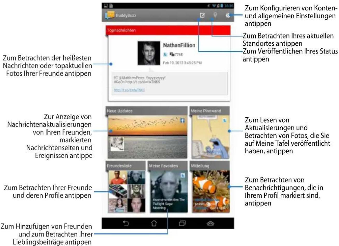 Zum Konfigurieren von Konten- und allgemeinen Einstellungen antippen Zum Betrachten Ihres aktuellen Standortes antippen Zum Veröffentlichen Ihres Status antippen Zum Betrachten der heißesten Nachrichten oder topaktuellen Fotos Ihrer Freunde antippen RT @MatthewPerry: Vayyyyyyy? #GoOn http://t.co/dwhwTNKS http://t.co/deveTNKS Zur Anzeige von Nachrichtenaktualisierungen von Ihren Freunden, markierten Nachrichtenseiten und Ereignissen antippe Neue Updates Meine Pinnwand Zum Lesen von Aktualisierungen und Betrachten von Fotos, die Sie auf Meine Tafel veröffentlicht haben, antippen Freundesliste Meine Favanten Mitteilung Zum Betrachten von Benachrichtigungen, die in Ihrem Profil markiert sind, antippen Zum Betrachten Ihrer Freunde und deren Profile antippen Zum Hinzufügen von Freunden und zum Betrachten Ihrer Lieblingsbeiträge antippen