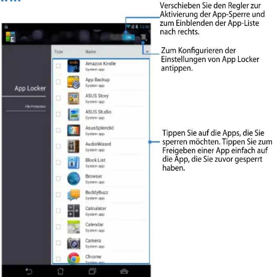 Verschieben Sie den Regler zur Aktivierung der App-Sperre und zum Einblenden der App-Liste nach rechts. Zum Konfigurieren der Einstellungen von App Locker antippen. Tippen Sie auf die Apps, die Sie sperren möchten. Tippen Sie zum Freigeben einer App einfach auf die App, die Sie zuvor gesperrt haben.