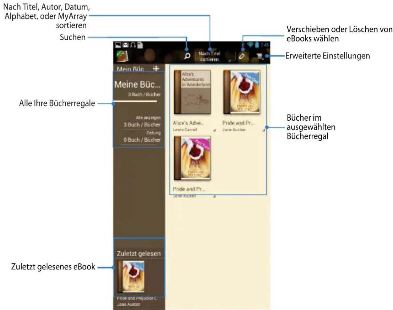 Nach Titel, Autor, Datum, Alphabet, oder MyArray sortieren Suchen Verschieben oder Löschen von eBooks wählen Erweiterte Einstellungen Mein Bülc + Meine Büc... 3 Buch / Bücher Alle anzeigen 3 Buch / Bücher Zeitung 0 Buch / Bücher Alice's Adventures in Wonderland Alice's Adve... Lewis Carroll Pride and Pr... Jane Austen Bücher im ausgewählten Bücherregal Alle Ihre Bücherregale Pride and Pr... Jane Austen Zuletzt gelesenes eBook