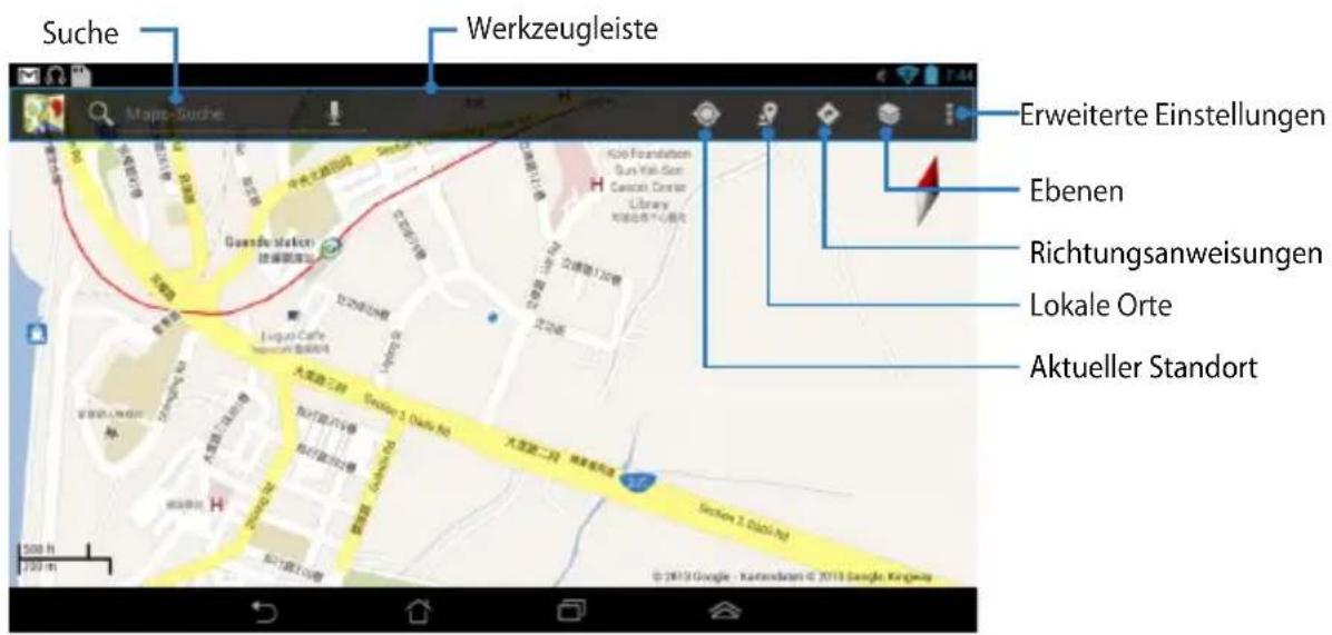 Suche Werkzeugleiste Maps-Suche Erweiterte Einstellungen Ebenen Richtungsanweisungen Lokale Orte Aktueller Standort