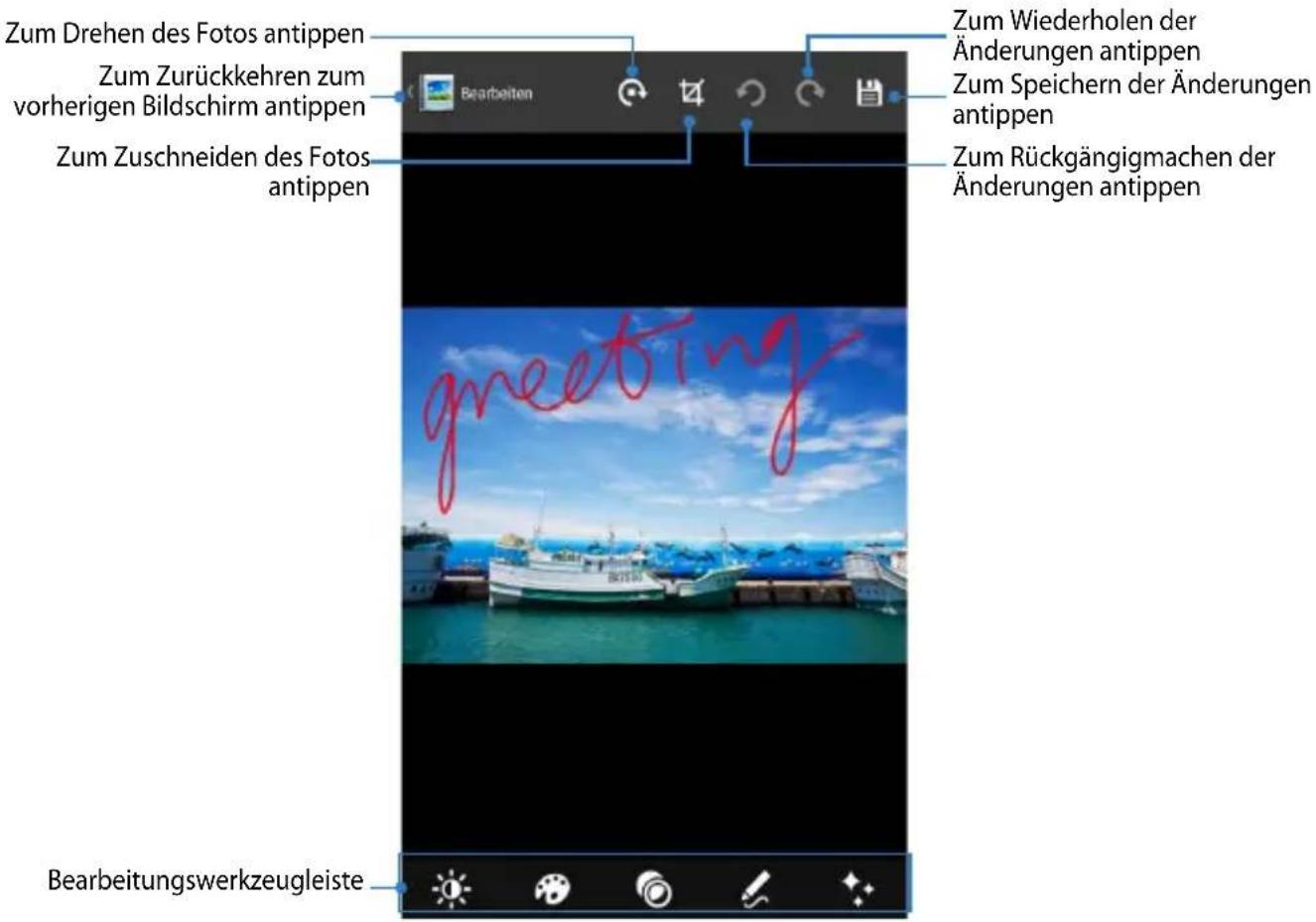 Zum Drehen des Fotos antippen Zum Zurückkehren zum vorherigen Bildschirm antippen Zum Zuschneiden des Fotos antippen Bearbeitungswerkzeugleiste greeting Zum Wiederholen der Änderungen antippen Zum Speichern der Änderungen antippen Zum Rückgängigmachen der Änderungen antippen