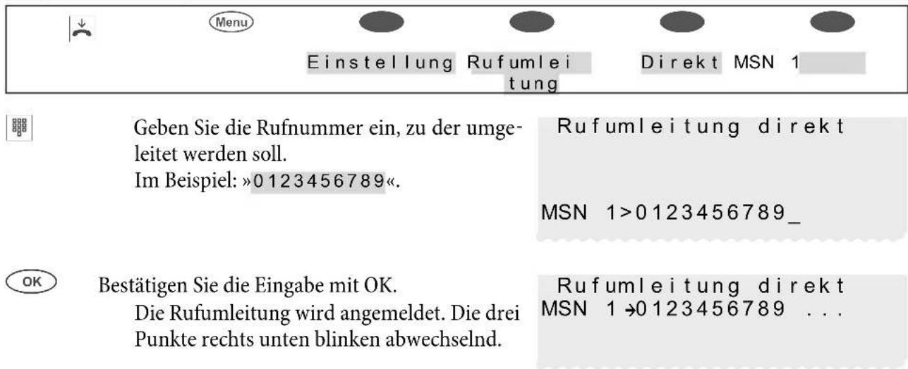Menu Einstellung Rufumleitung Direkt MSN 1 Geben Sie die Rufnummer ein, zu der umgeleitet werden soll. Im Beispiel: »0123456789«. Rufumleitung direkt MSN 1>0123456789_ Bestätigen Sie die Eingabe mit OK. Die Rufumleitung wird angemeldet. Die drei Punkte rechts unten blinken abwechselnd. Rufumleitung direkt MSN 1→0123456789 ...