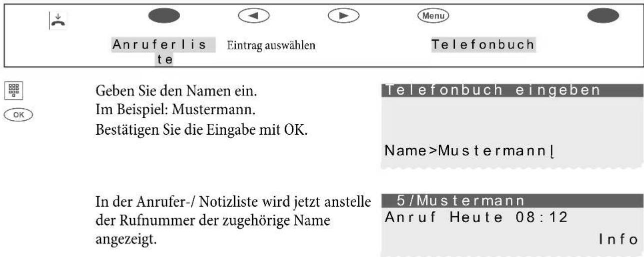 Anrufer list Eintrag auswählen Menu Telefonbuch Geben Sie den Namen ein. Im Beispiel: Mustermann. Bestätigen Sie die Eingabe mit OK. Telefonbuch eingeben Name>Mustermann In der Anrufer-/ Notizliste wird jetzt anstelle der Rufnummer der zugehörige Name angezeigt. 5/Mustermann Anruf Heute 08:12 Info