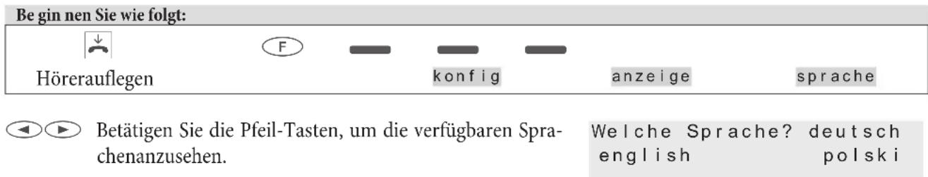 Be gin nen Sie wie folgt: Hörerauflegen F konfig anzeige sprache Betätigen Sie die Pfeil-Tasten, um die verfügbaren Sprachenzusehen. Welche Sprache? deutsch english polski